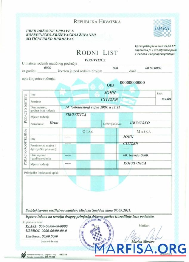Printable Croatia birth certificate template